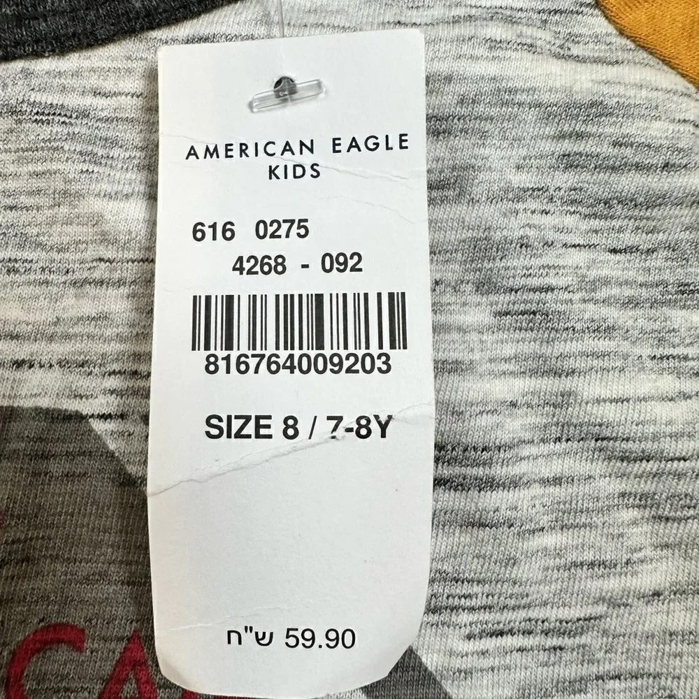 NWT American Eagle Youth Boys Baseball Long Sleeve Gray Graphic Tee Shirt Size 8